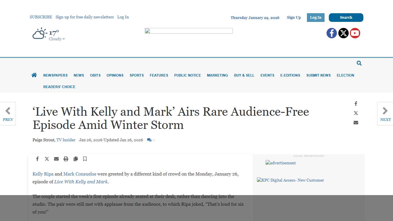 ‘Live With Kelly and Mark’ Airs Rare Audience-Free Episode Amid Winter Storm Entertainment kpcnews.com